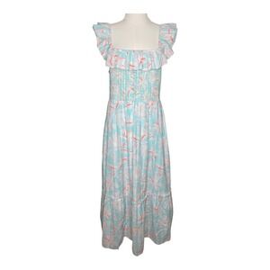 Vineyard Vines Cay Floral Smocked‎ Maxi Dress Light Blue Orange Tiered Pockets M